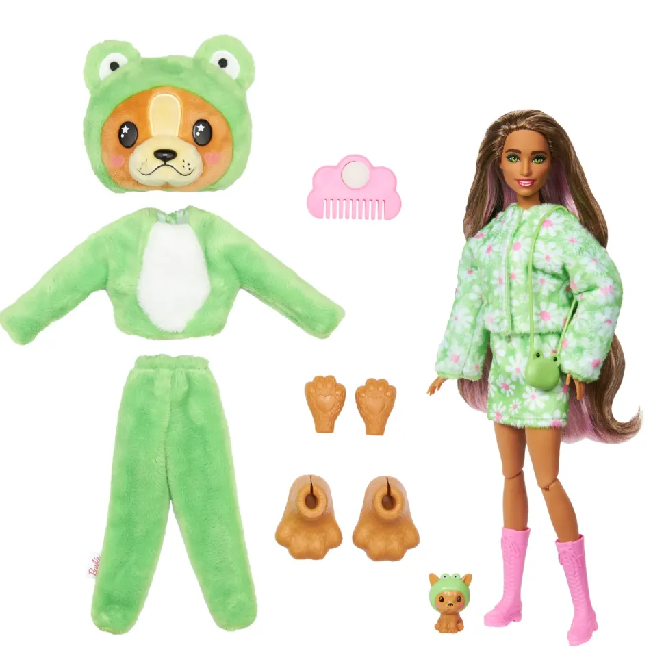 Barbie Cutie Reveal Bambola Con Costume Di Peluche Da Cagnolino-Rana E 10 Accessori A Sorpresa Cambia Colore, Serie Amici Cuccioli