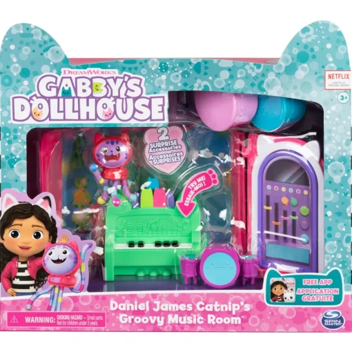 Gabby'S Dollhouse, Groovy Music Room Con Personaggio Daniel James Catnip, 2 Accessori, 2 Mobili E 2 Scatole Con Sorpresa, Giocattoli Per Bambini Dai 3 Anni In Su