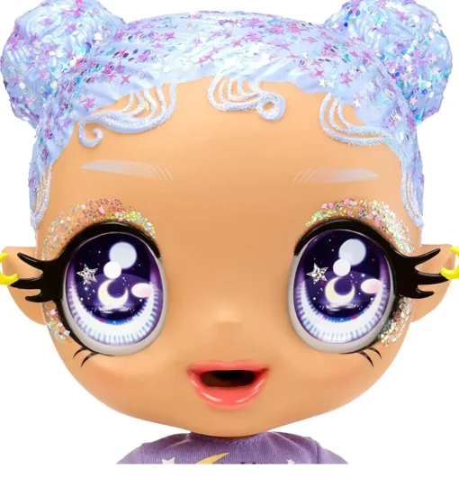 Mga'S Glitter Babyz Selena Stargazer Bambola Con 3 Cambi Di Colore, Capelli Viola Glitterati, Vestito Con Luna E Stelle, Accessori, Biberon E Ciuccio
