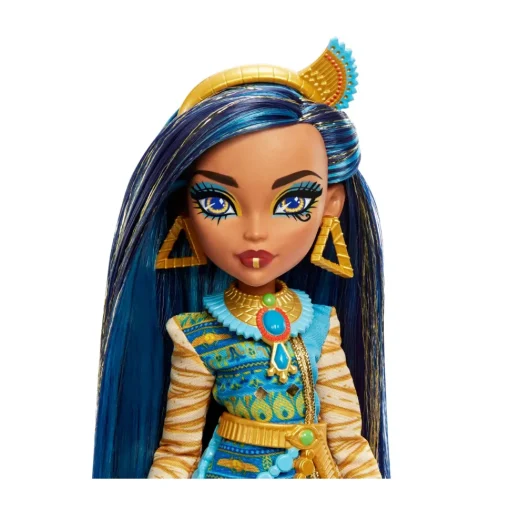 Monster High Cleo De Nile, Bambola Snodata Alla Moda, Dai Capelli Con Ciocche Blu, Con Accessori E Cagnolino, Giocattolo Per Bambini, 4+ Anni, Hhk54