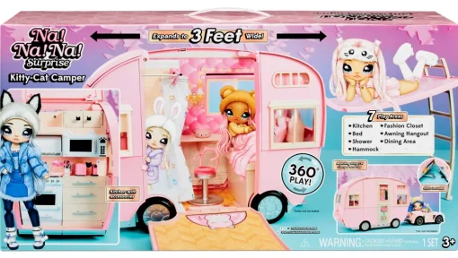 Na Na Na Surprise Kitty-Cat-Camper Rosa Con Orecchie E Coda Da Gatto 7 Aree Di Giochi Tra Cui Cucina Completa, Amaca E Accessori