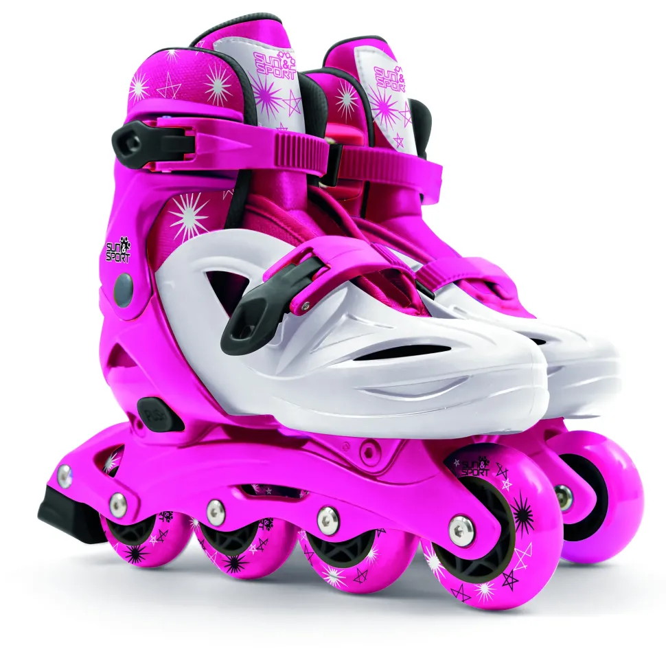 Pattini A 4 Ruote Con Taglia Regolabile E Sistema Frenante Per Bambini Misura 31-35, Fibbie Regolabili E Imbottitura Dello Stivale Disponibile In Blu E Rosa
