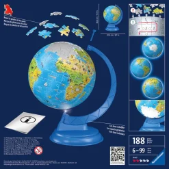 Ravensburger 3D Puzzle Globo Night Edition Con Luce, Impara La Geografia In Inglese, 180 Pezzi, 6+ Anni