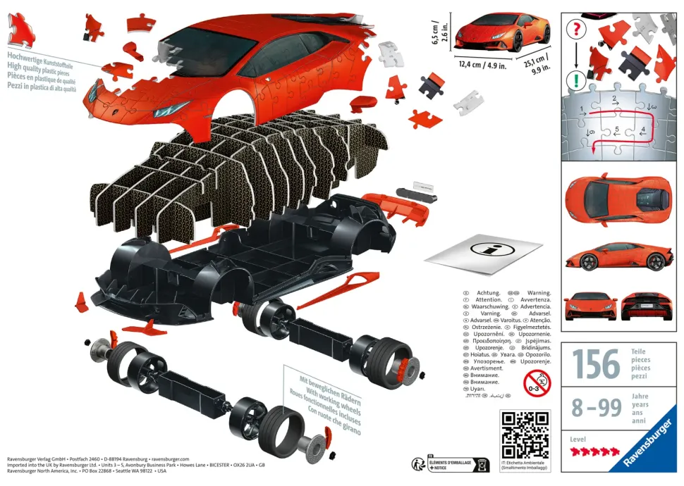 Ravensburger 3D Puzzle Lamborghini Huracan Evo Arancione, 108 Pezzi, 8+ Anni